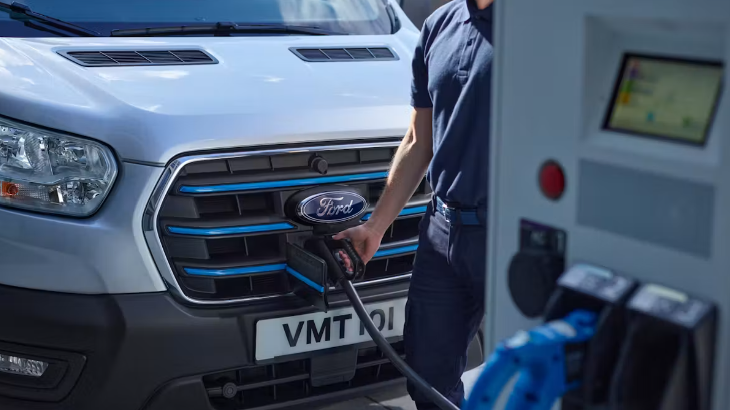 Ford E-Transit Van charging at public station